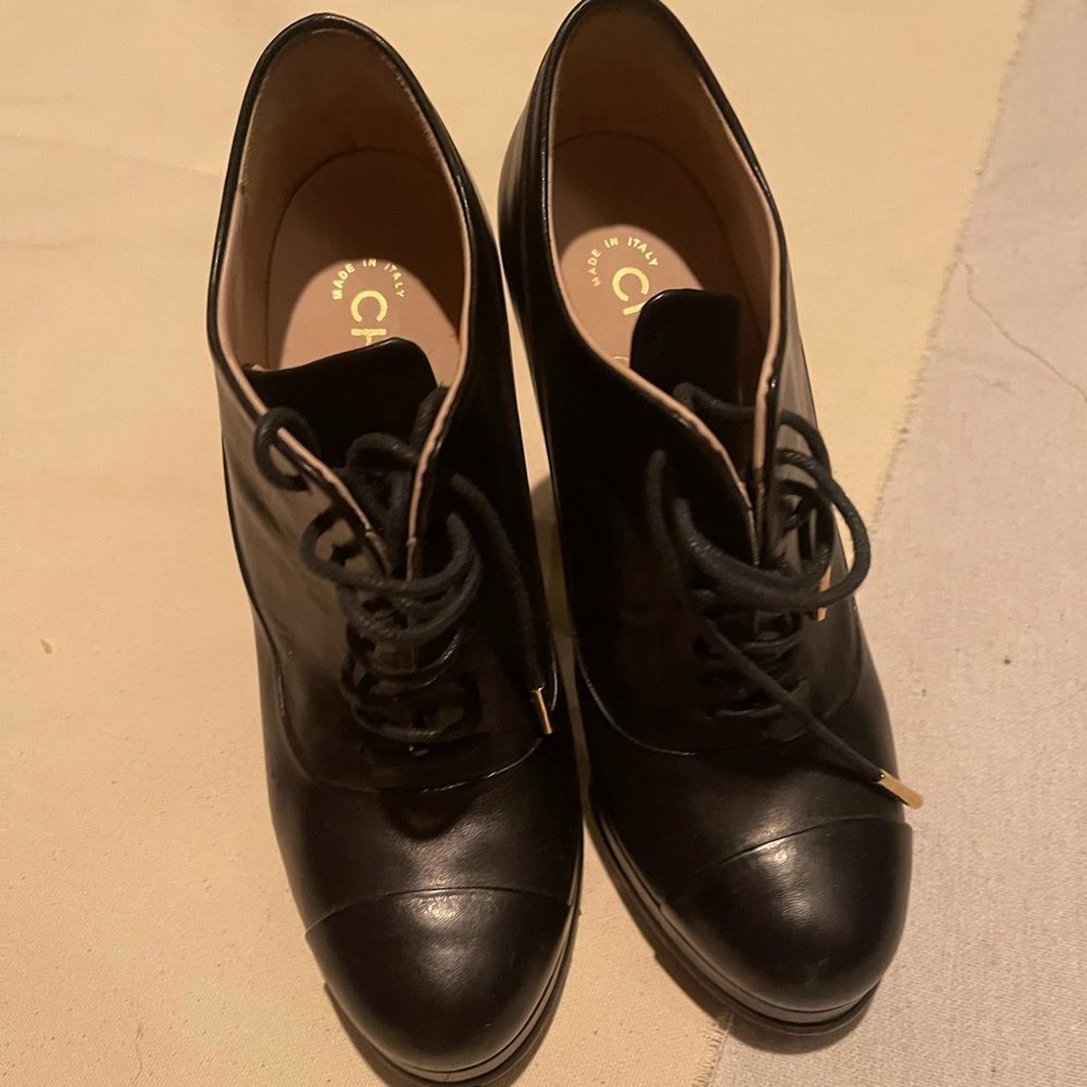 Chanel Black Leather Lace-Up Platform Shoes, Size 8 or Size 38